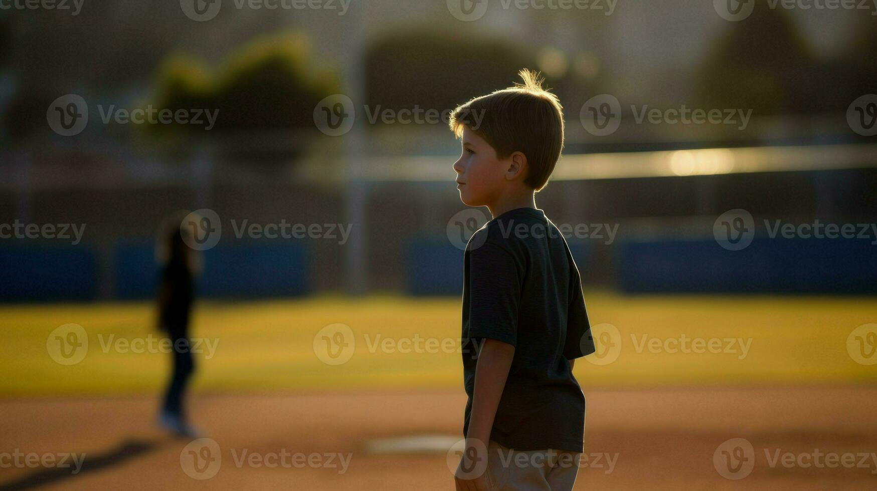 ai généré une Jeune garçon des stands sur une base-ball champ, prêt à jouer. génératif ai photo
