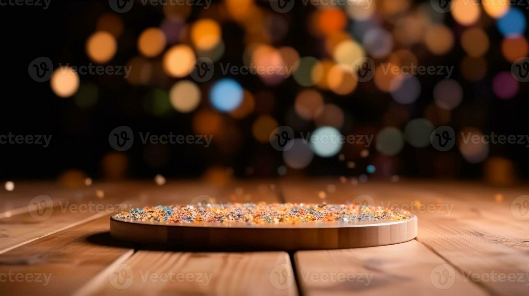 ai généré une en bois table dans le jardin avec flou fête bokeh dans le Contexte pour produit présentation et La publicité photo