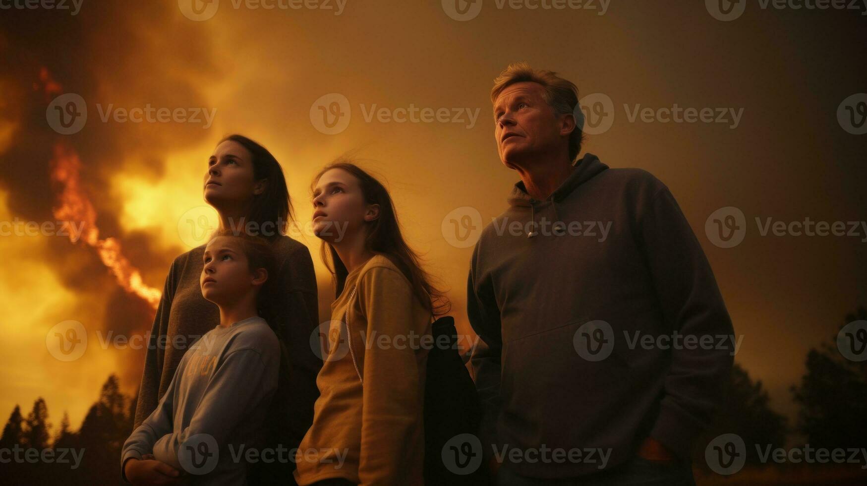 ai généré une famille regards à le forêt Feu avec craintif yeux. génératif ai photo