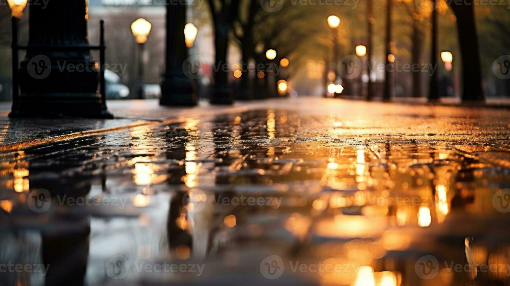 ai généré une pluvieux nuit rue avec des arbres et lumières éclairant le scène. génératif ai photo