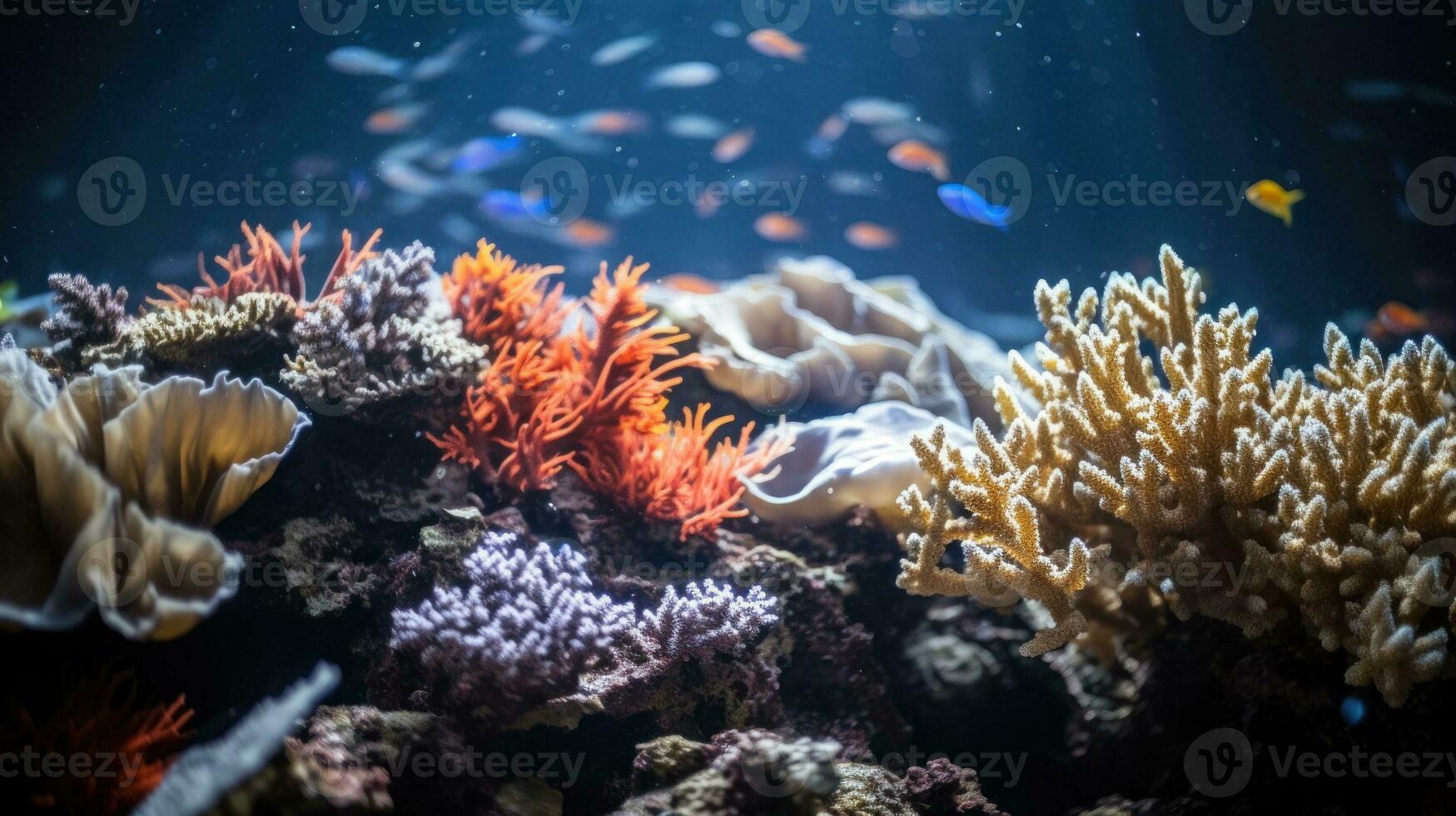 ai généré un sous-marin scène avec vibrant coraux et une variété de poisson nager gracieusement. génératif ai photo