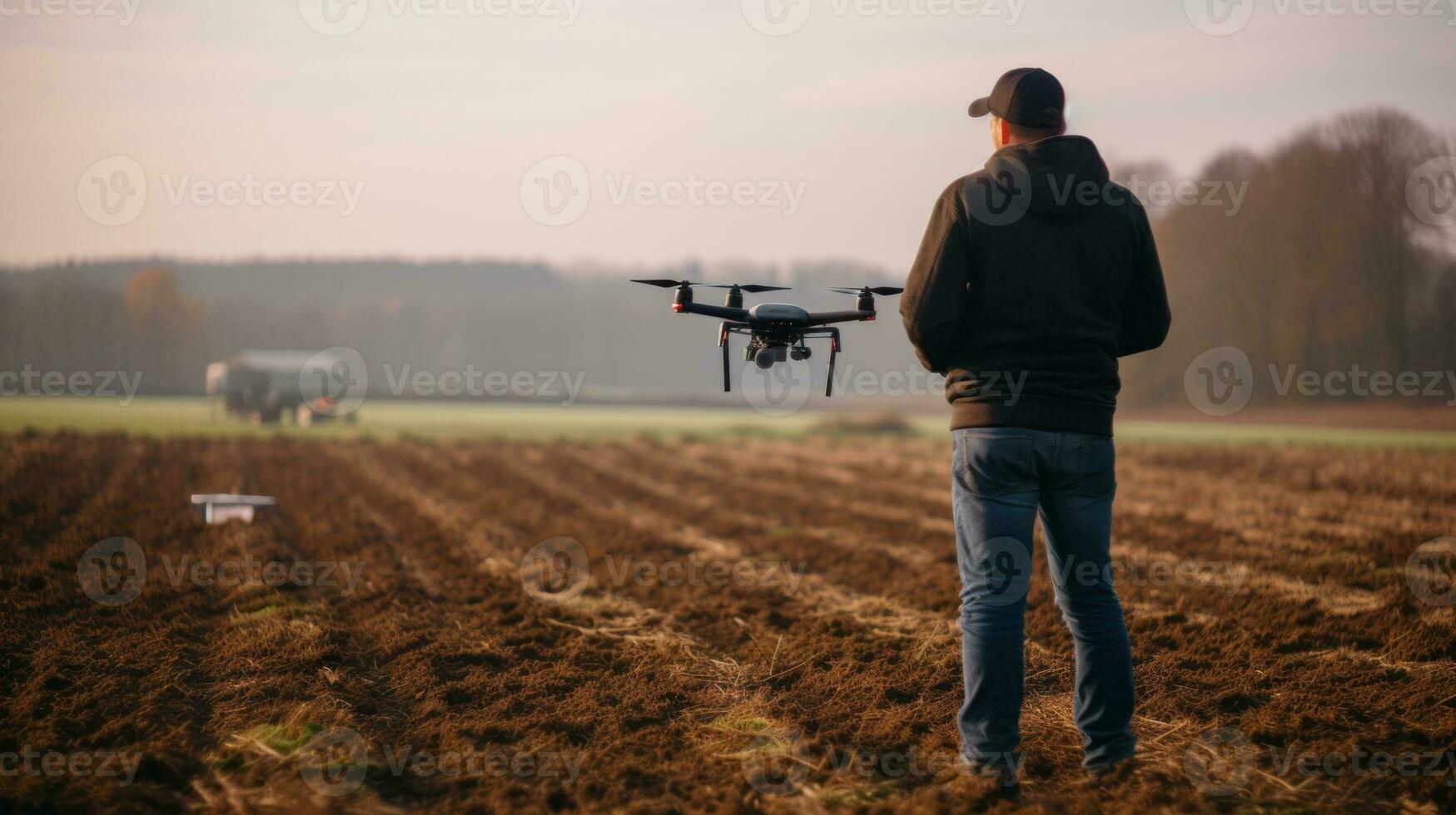 ai généré une homme permanent dans une champ avec une drone, prêt pour vol. génératif ai photo