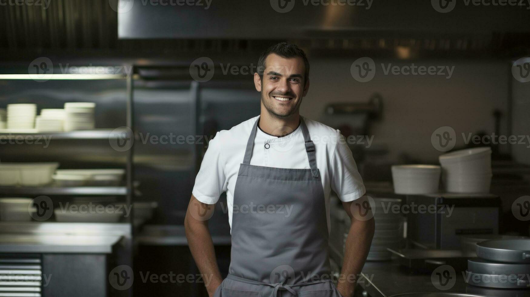 ai généré une homme avec une content expression permanent dans une cuisine. génératif ai photo