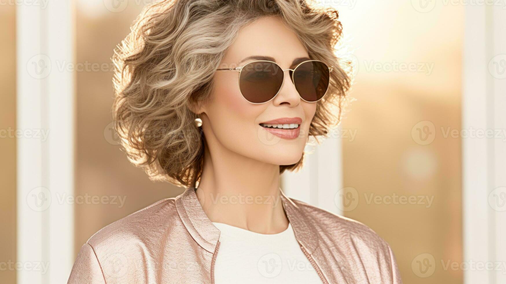 ai généré une femme avec court cheveux portant des lunettes de soleil, exsudant une élégant et sur de soi aura. génératif ai photo