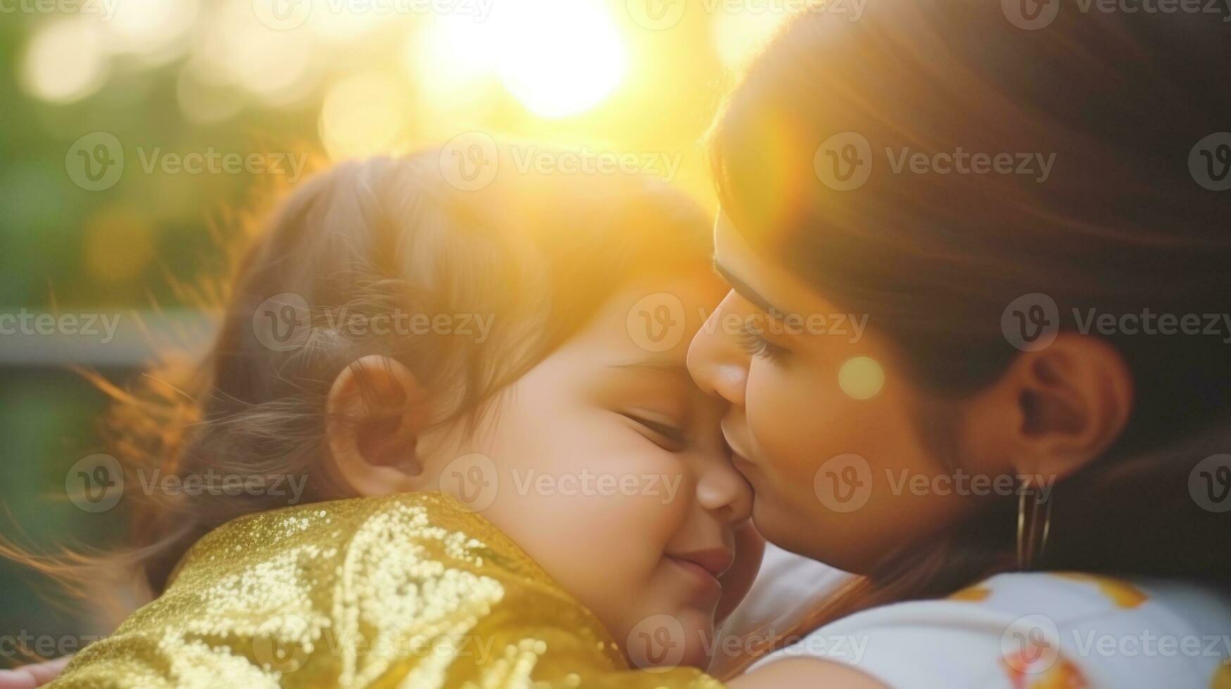 ai généré une mère et sa enfant partage une soumissionner baiser en dessous de le chaud lumière du soleil. génératif ai photo