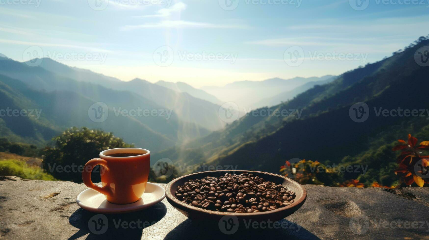 ai généré café et café des haricots sur table avec Montagne voir. génératif ai photo