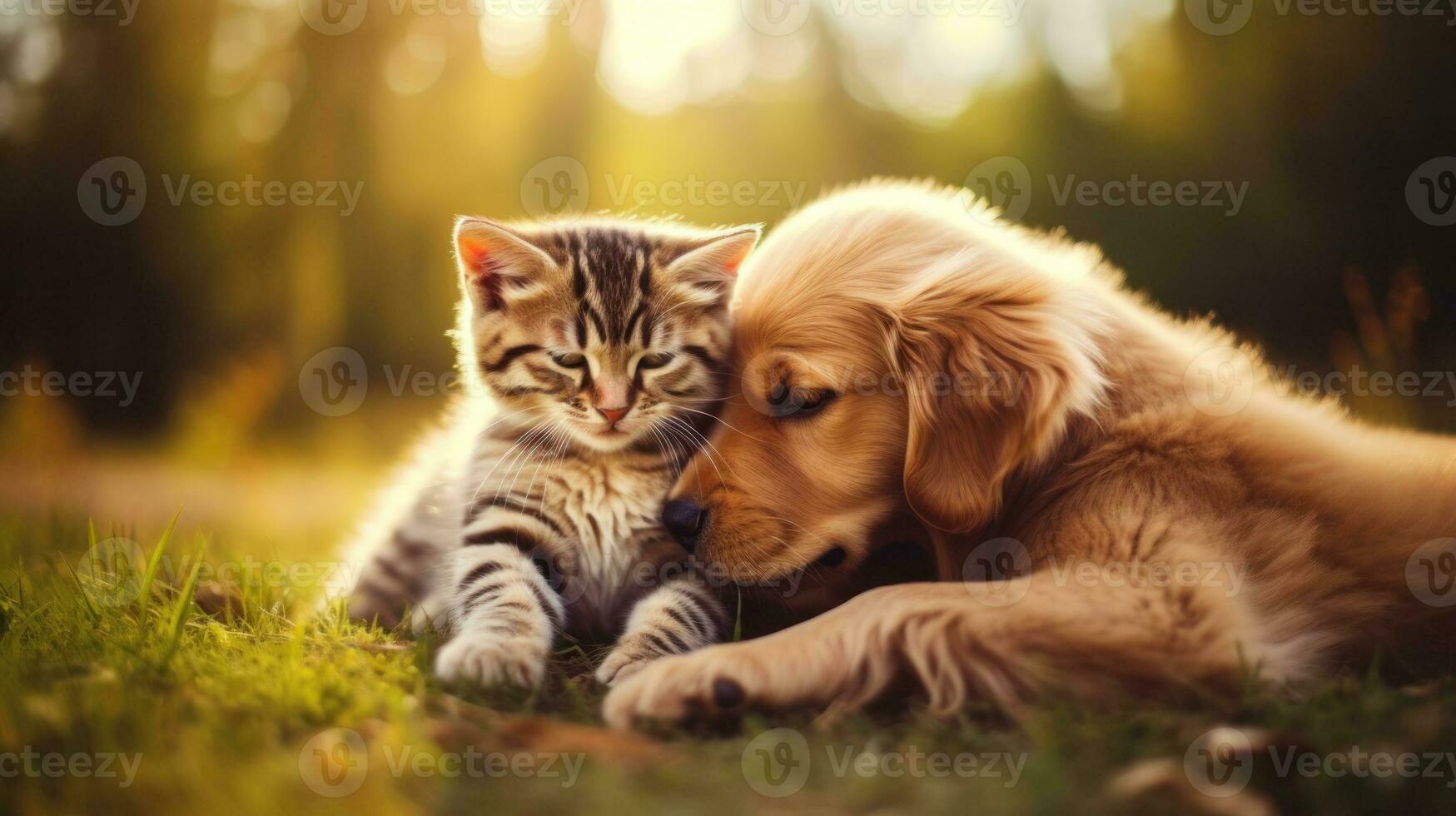 ai généré chat et chien montrant relation amicale sur luxuriant vert herbe. génératif ai photo