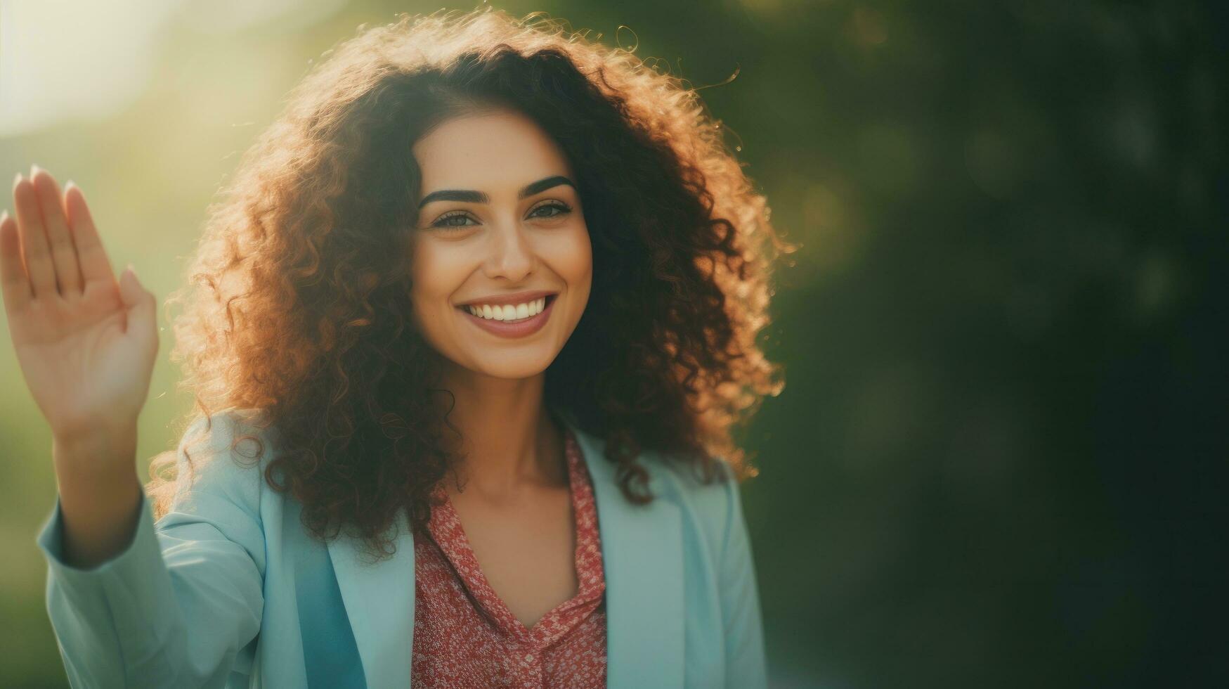 ai généré aux cheveux bouclés femme agitant avec une sourire. génératif ai photo