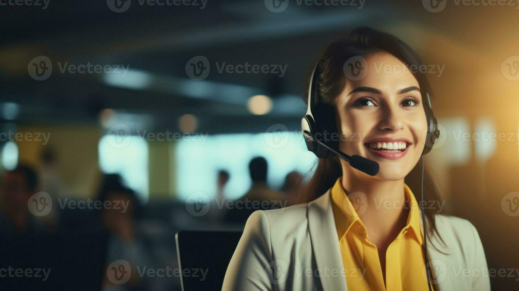 ai généré professionnel femme en utilisant casque dans bureau. génératif ai photo