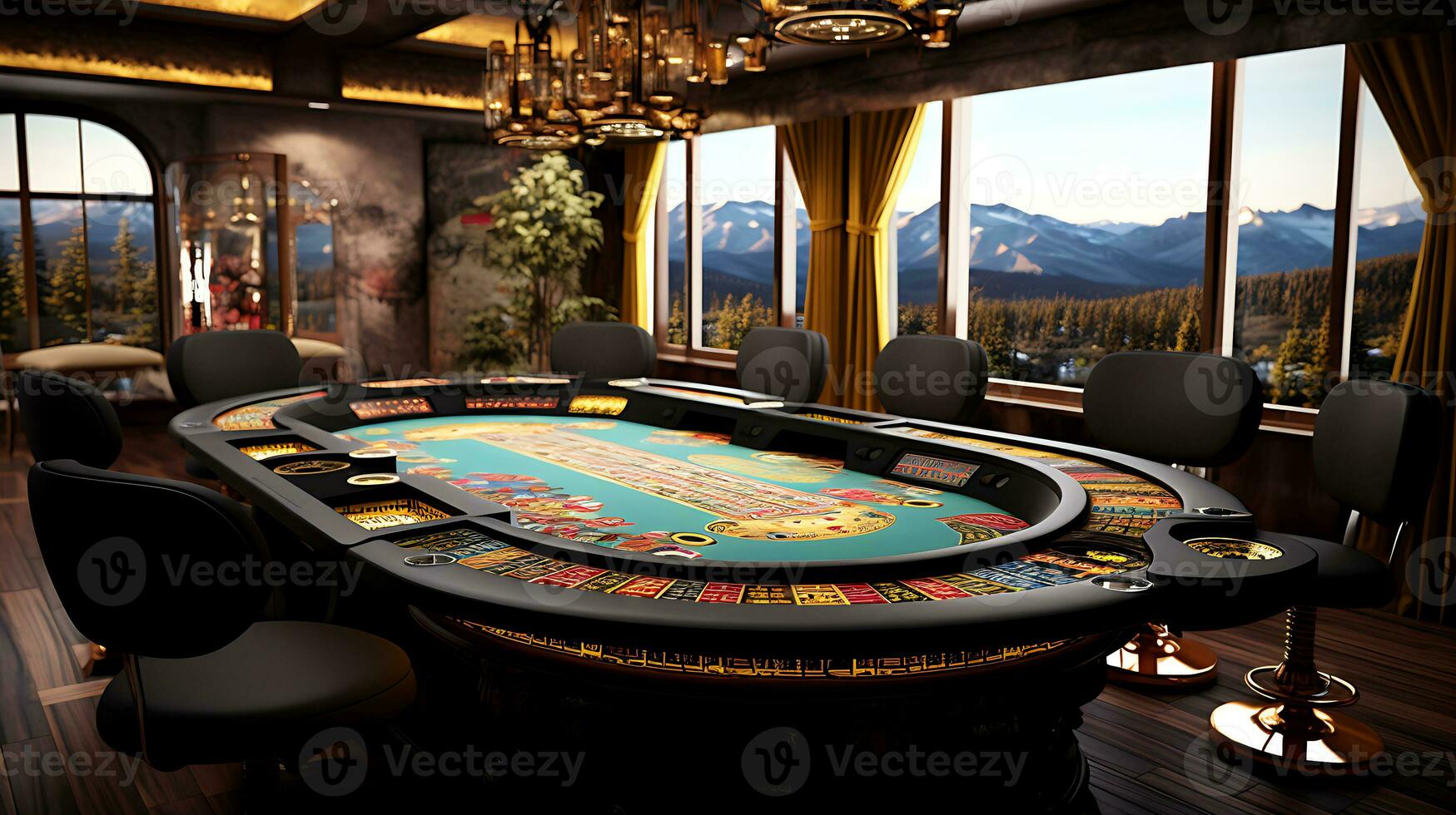 ai généré vue de une magnifique casino Jeu table et certains frites photo