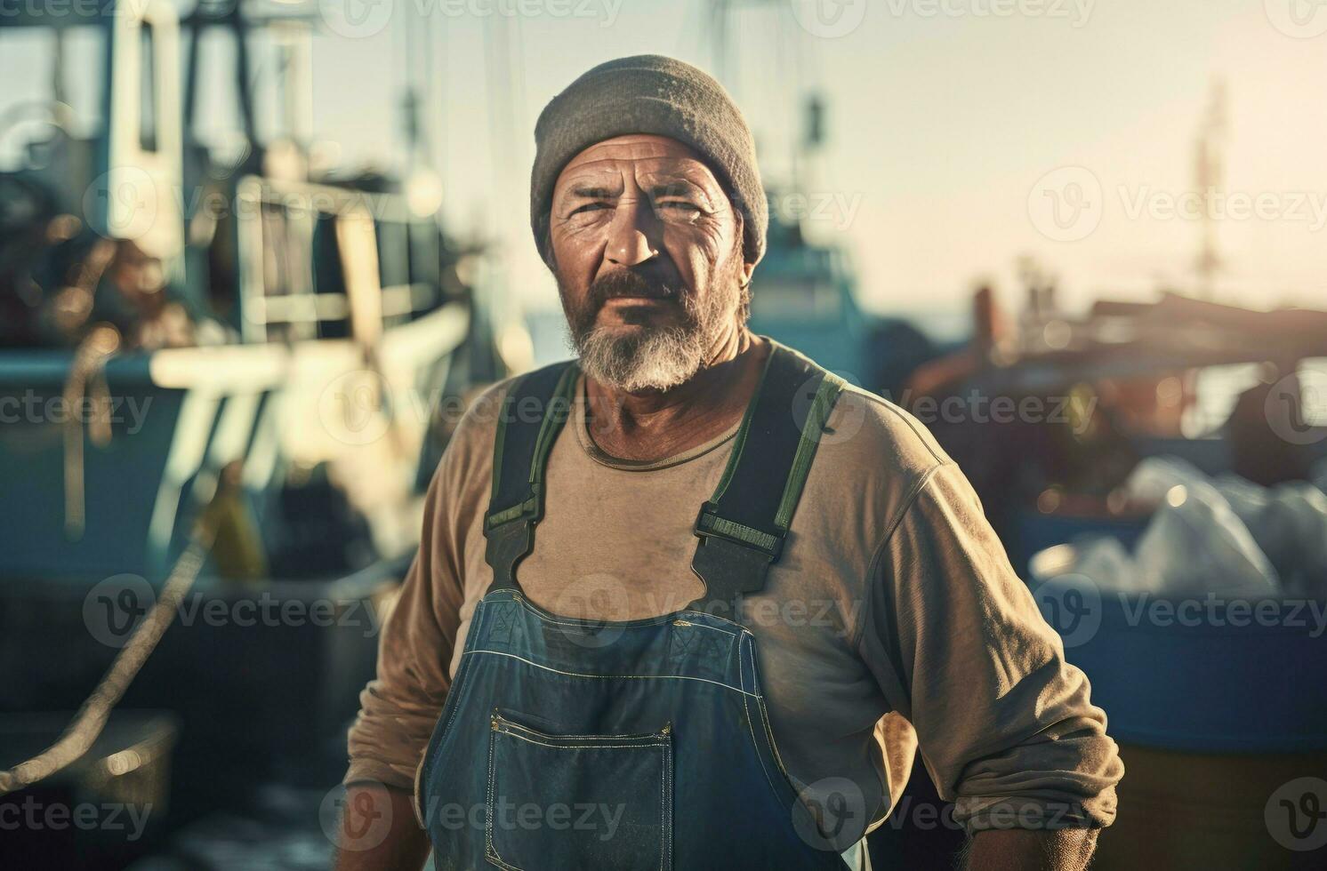 ai généré vieux pêcheur portrait sur port de mer bateau. produire ai photo