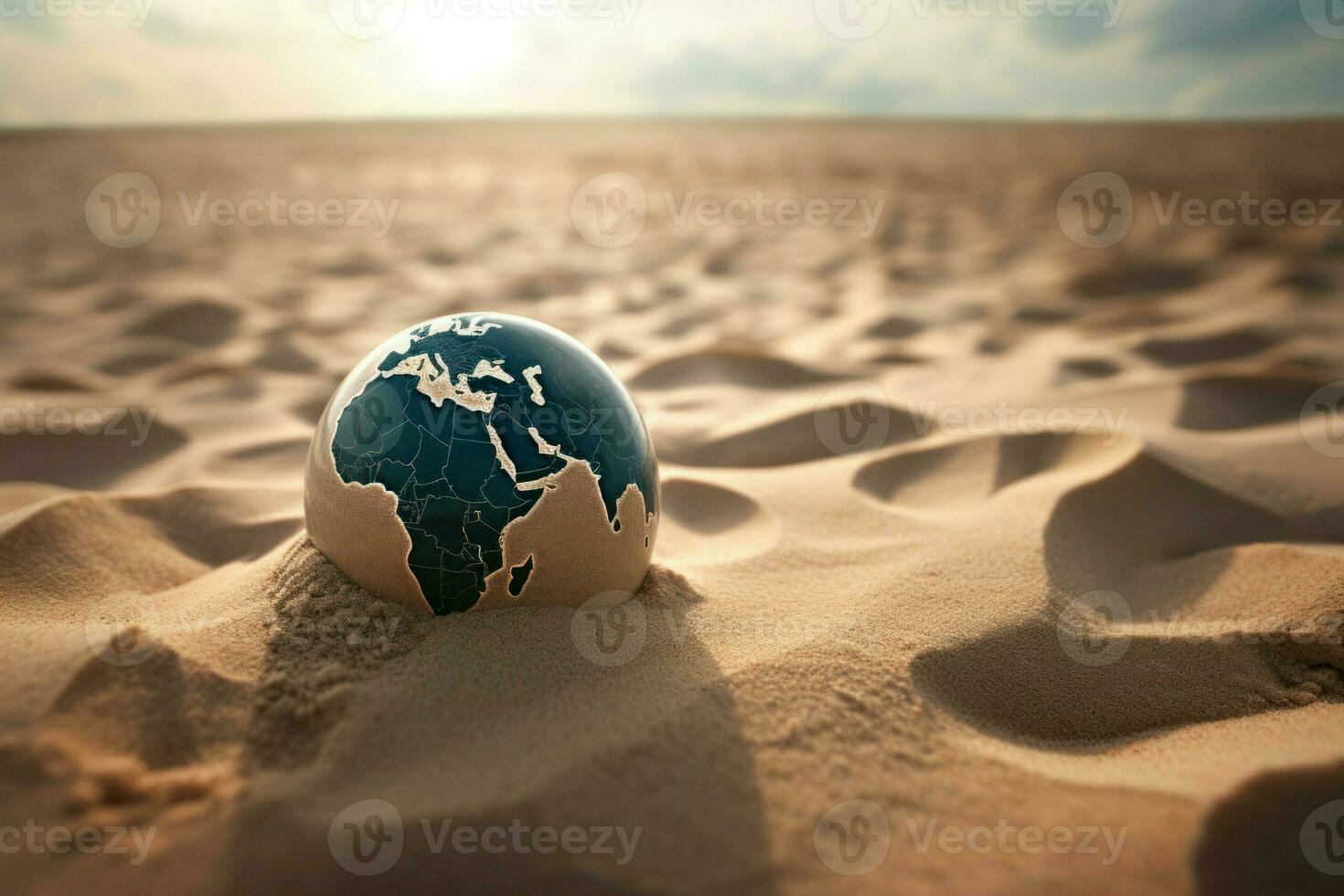 ai généré petit globe Terre dans infini désert sable. produire ai photo