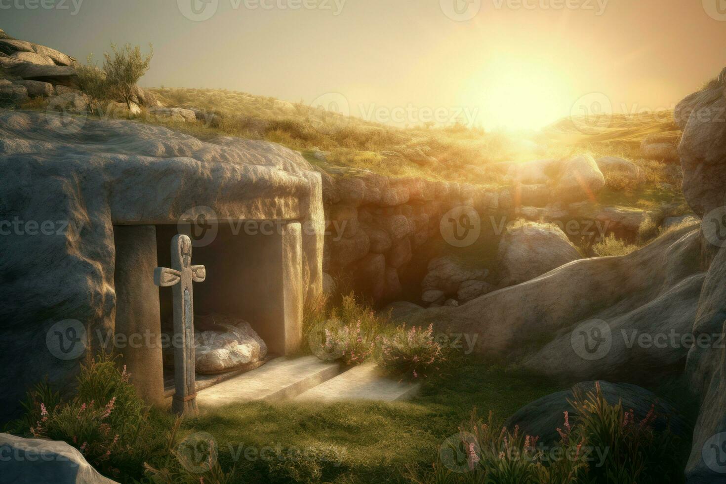 ai généré vide pierre Jésus tombeau dans Matin lumière du soleil. produire ai photo