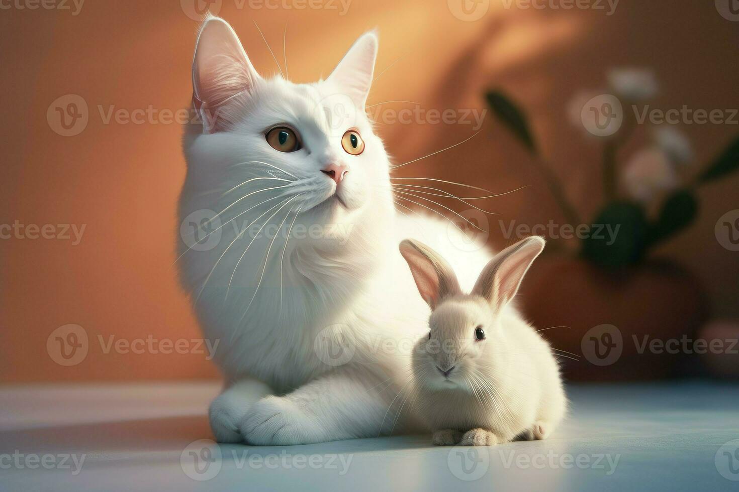 ai généré blanc chat et lapin ensemble intérieur portrait. produire ai photo