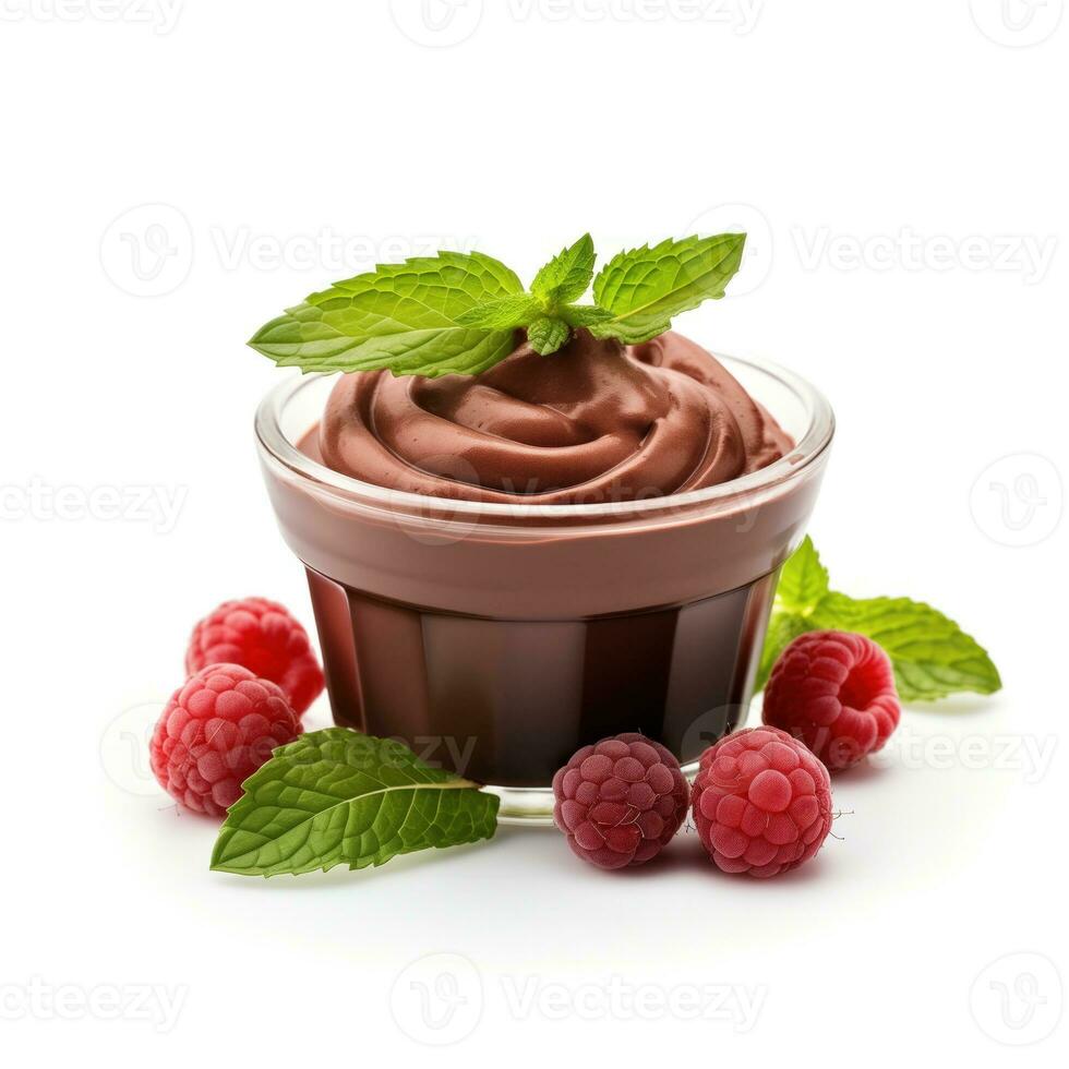 ai généré décadent Chocolat mousse avec menthe garnir photo