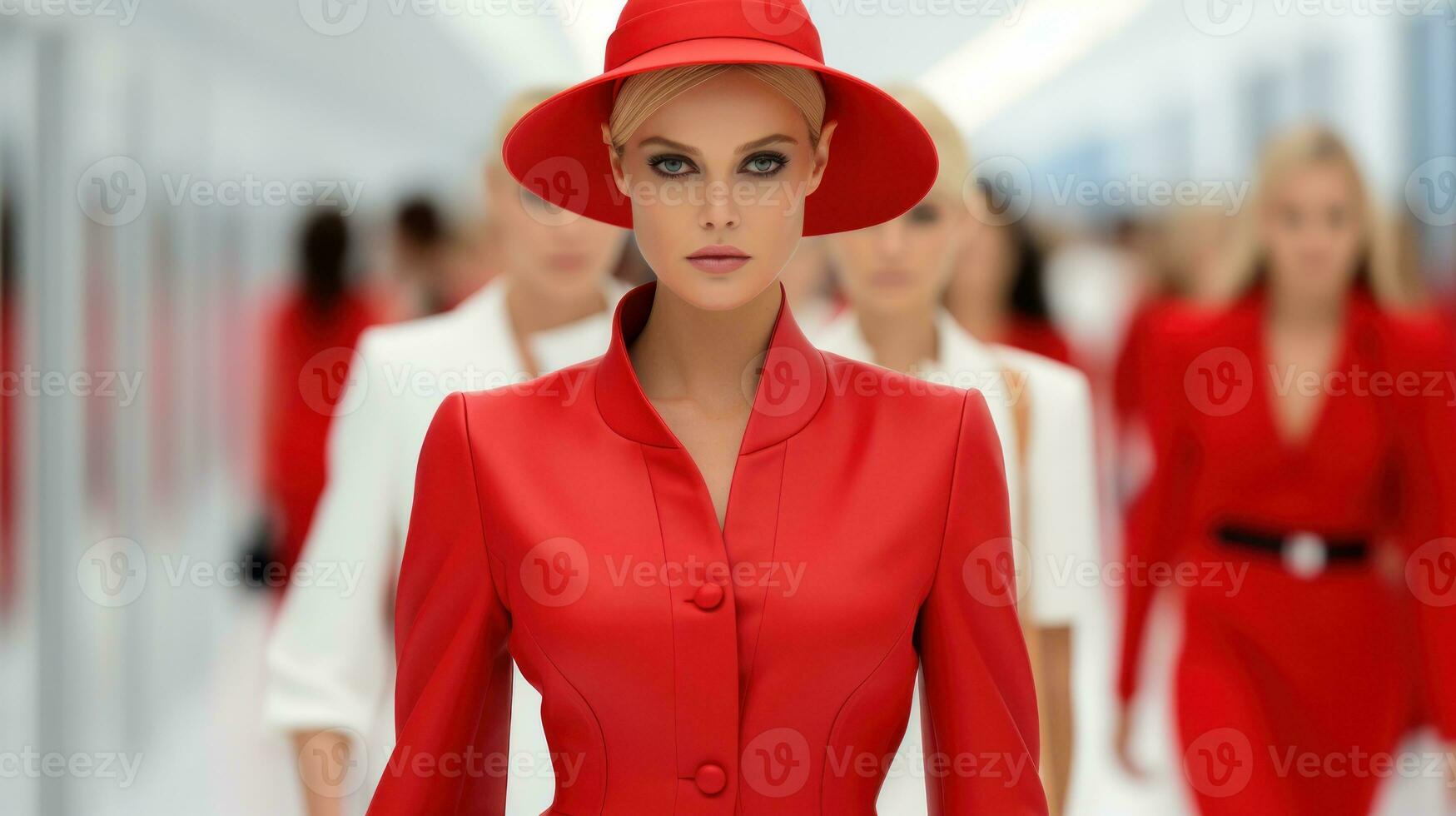 ai généré une femme dans une rouge costume et chapeau gracieusement des promenades vers le bas le passerelle, exsudant confiance et élégance. génératif ai photo