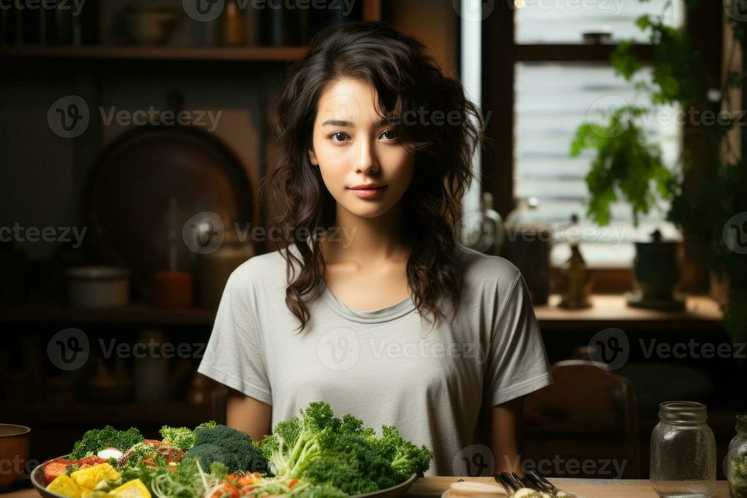 ai généré magnifique femme avec Frais des légumes promouvoir en bonne santé mode de vie les choix. photo