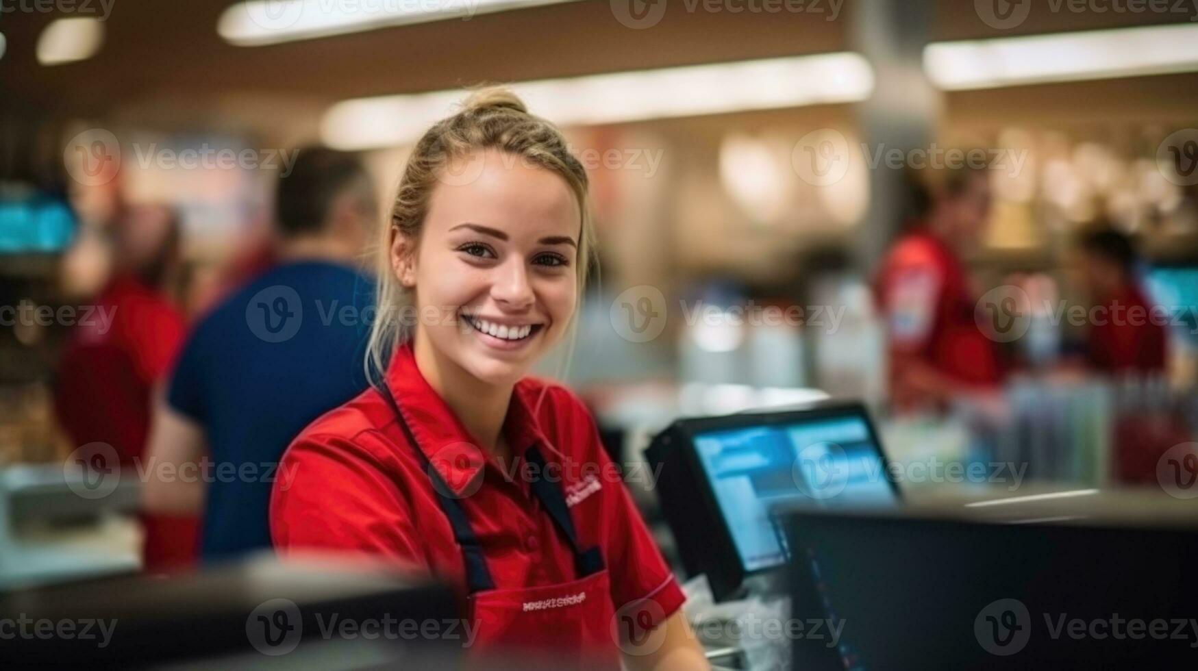 ai généré amical la caissière souriant à check-out bureau dans magasin. photo