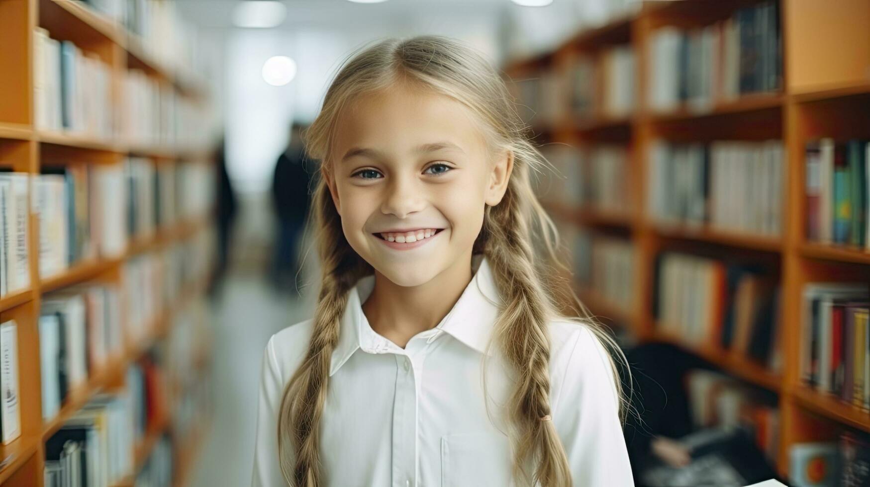 ai généré dix année vieux fille étudiant dans une lumière chandail des stands dans une librairie parmi le étagères avec livres. retour à école concept. photo