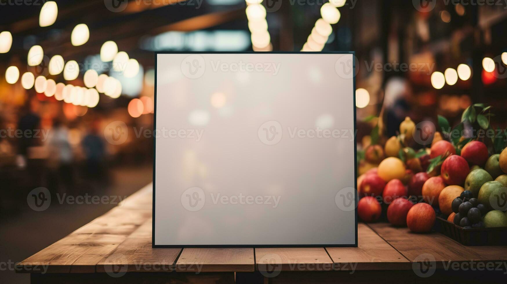 ai généré génératif ai, affiche ou enseigne moquer en haut pour logo conception, marque présentation sur flou nourriture marché Contexte photo