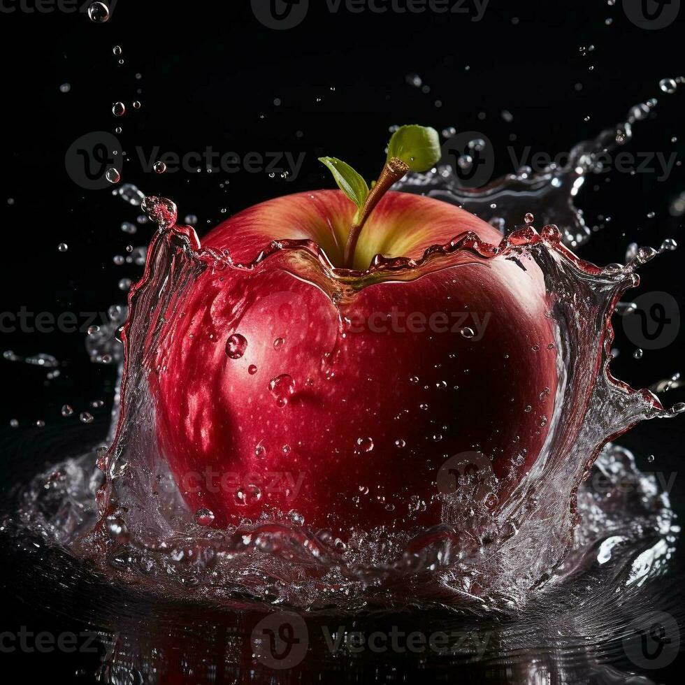ai généré Pomme est tombée dans le l'eau avec éclaboussures noir Contexte photo
