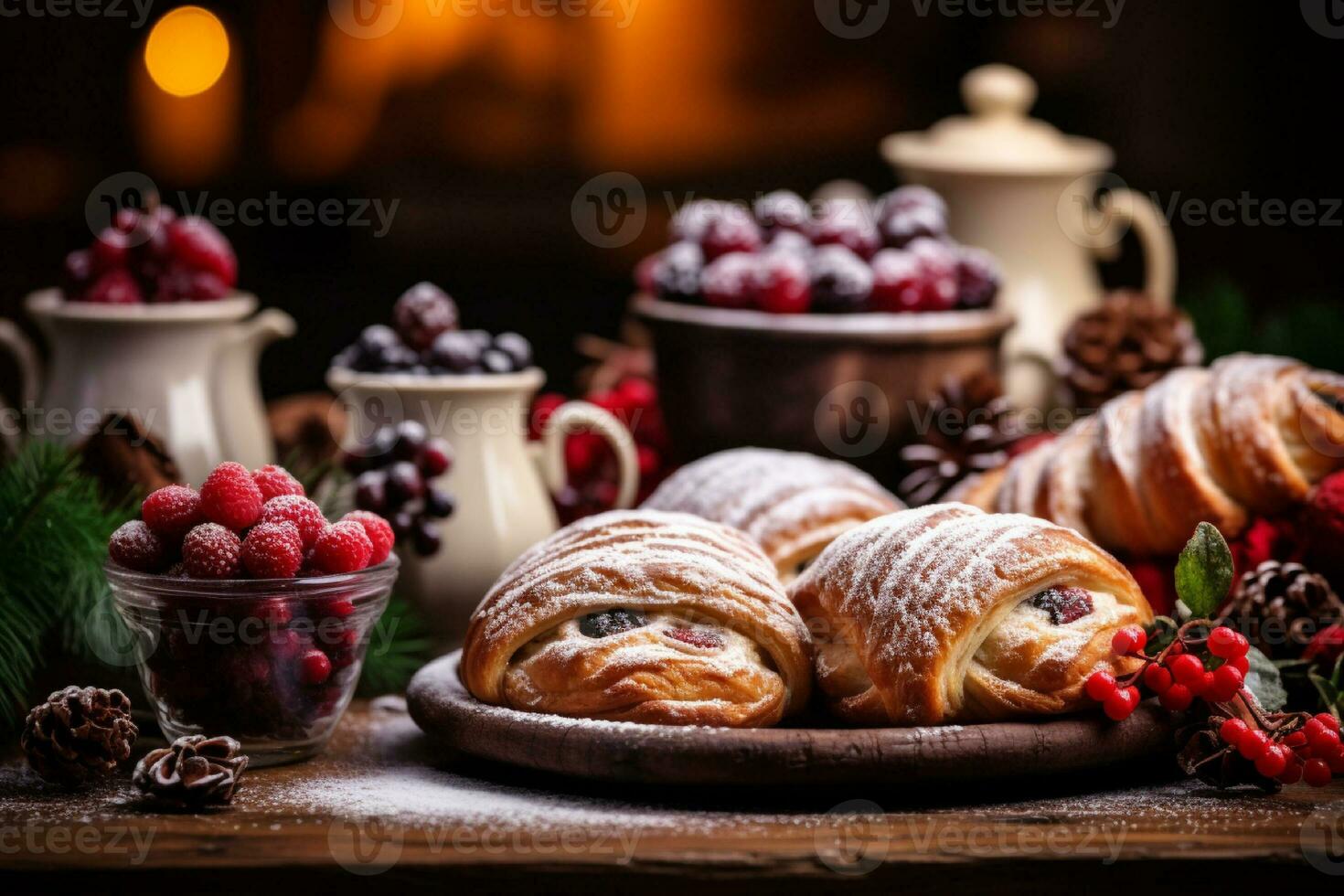 ai généré composition avec assorti des pâtisseries sur en bois tableau. nourriture Contexte. photo