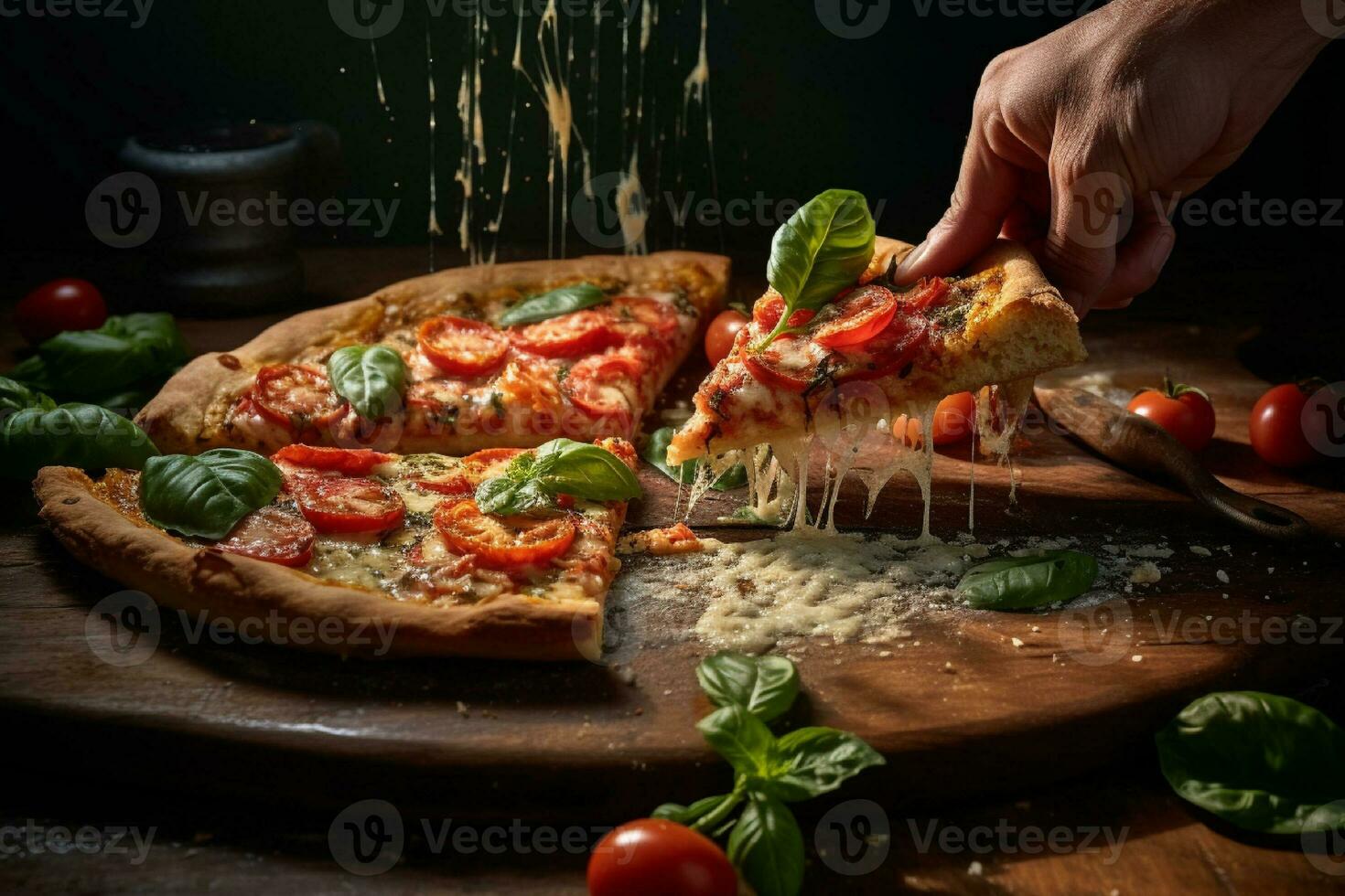 ai généré chaud Pizza dans le four sur une en bois planche. Feu dans le Contexte photo