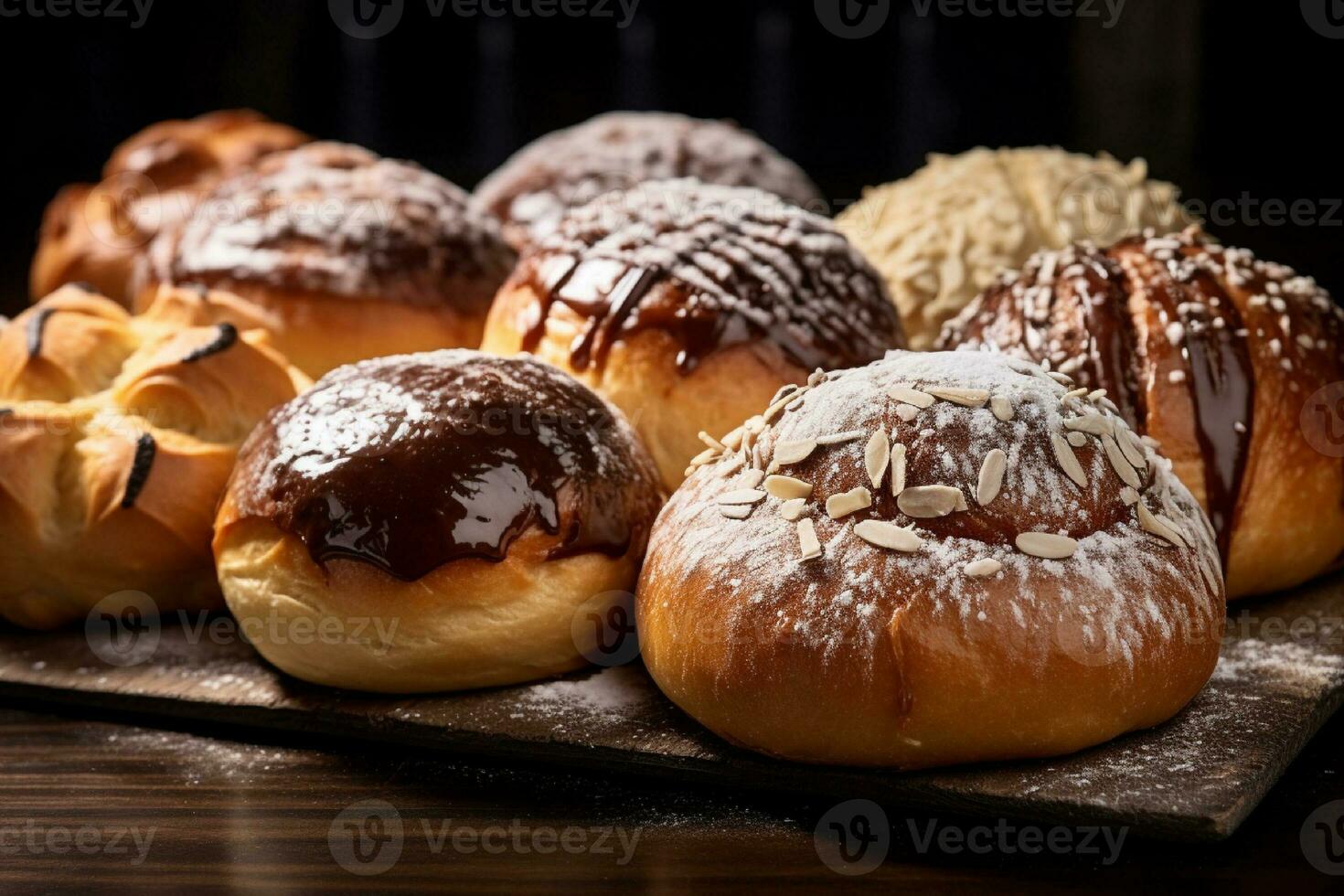 ai généré composition avec assorti des pâtisseries sur en bois tableau. nourriture Contexte. photo