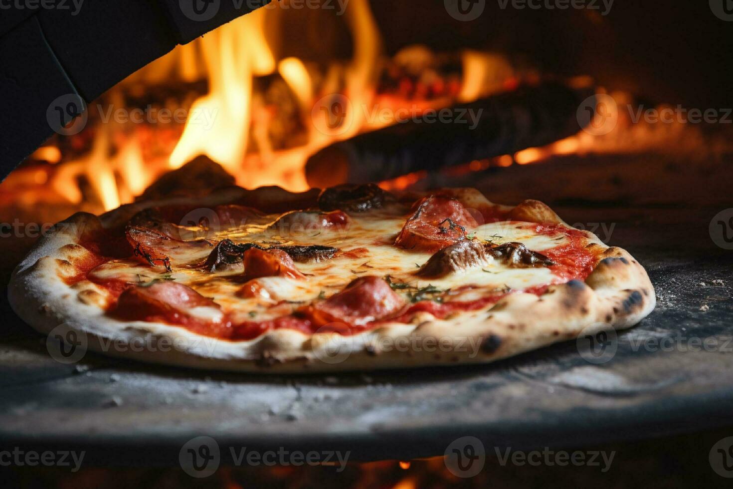 ai généré chaud Pizza dans le four sur une en bois planche. Feu dans le Contexte photo