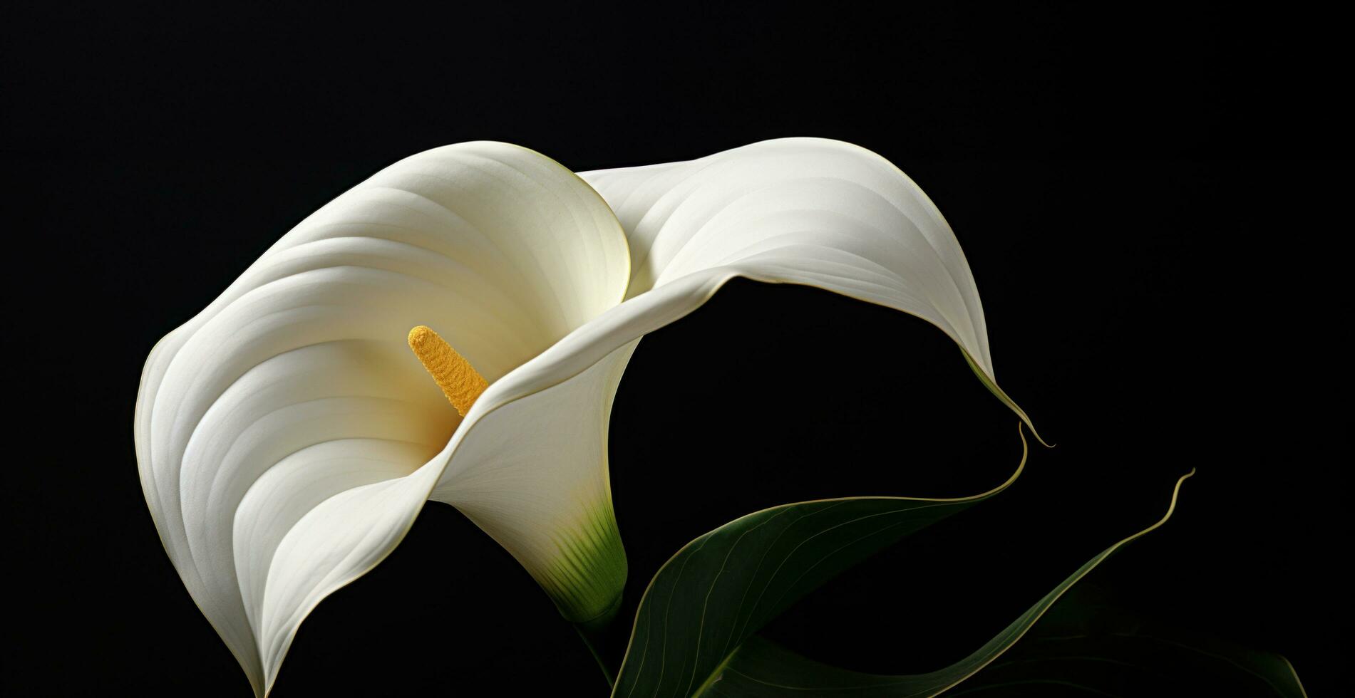 ai généré blanc calla lis dans vert sur une noir Contexte photo