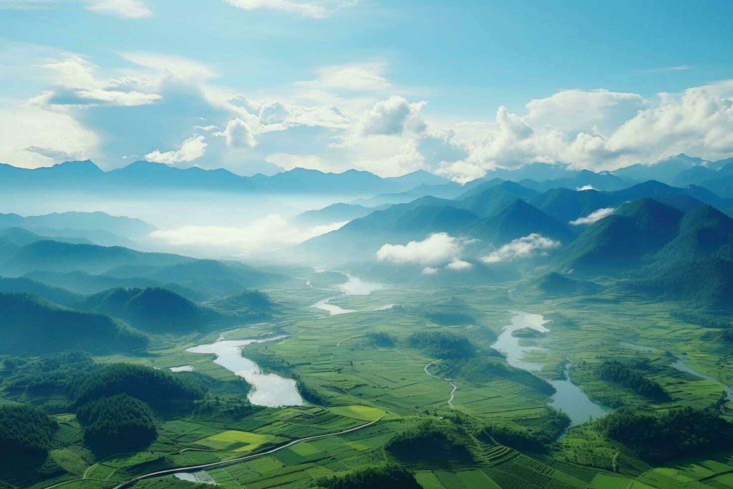 ai généré vue de montagnes et vallée vue photo