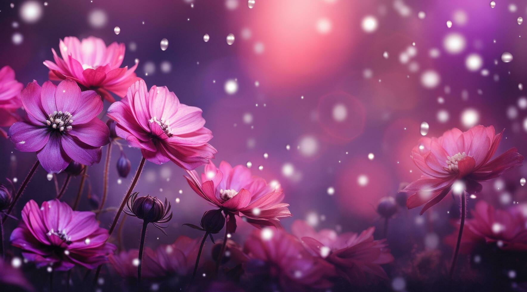 ai généré violet fleur Contexte avec étoiles égouttage dans pluie, photo