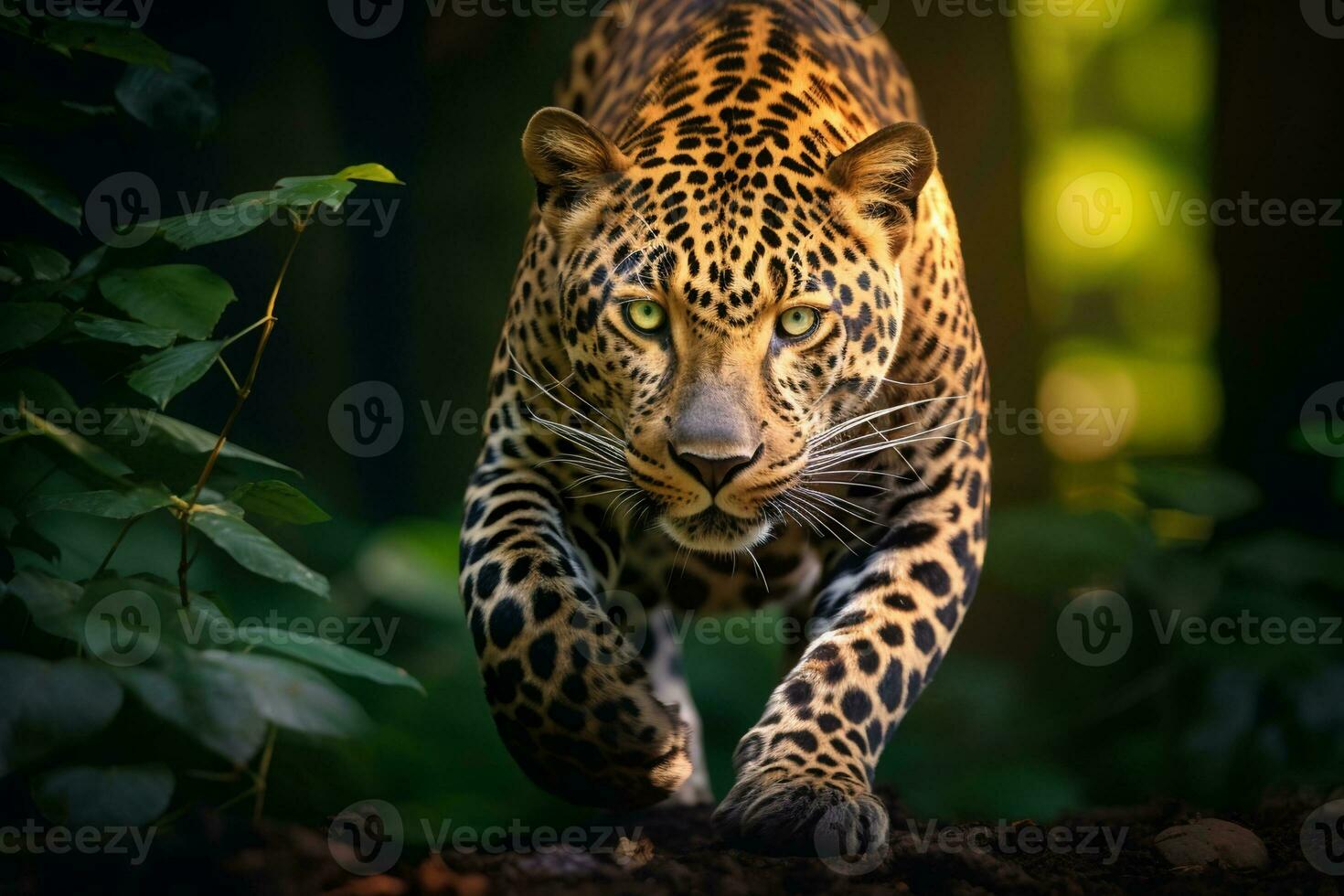 ai généré seul léopard en marchant et chasse dans la nature pendant jour photo