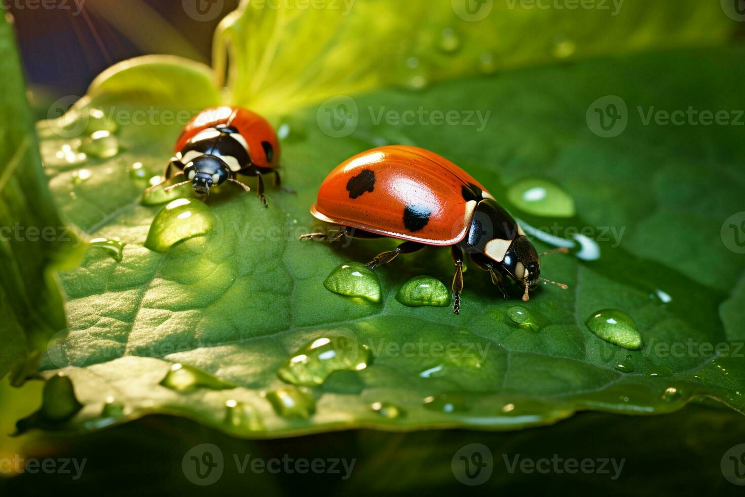 ai généré coccinelle en marchant sur une vert feuille photo