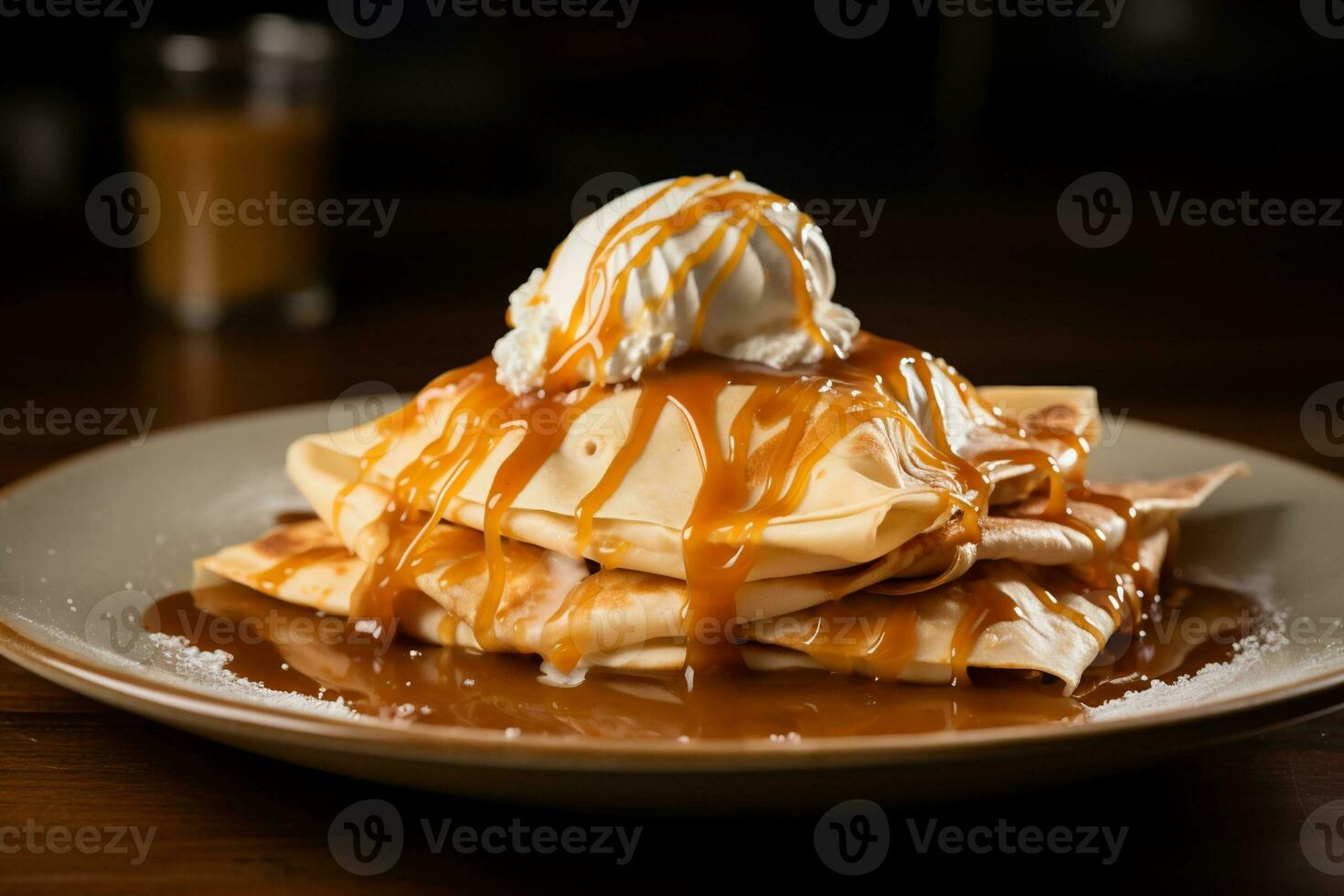 ai généré crêpe avec crème dans assiette photo