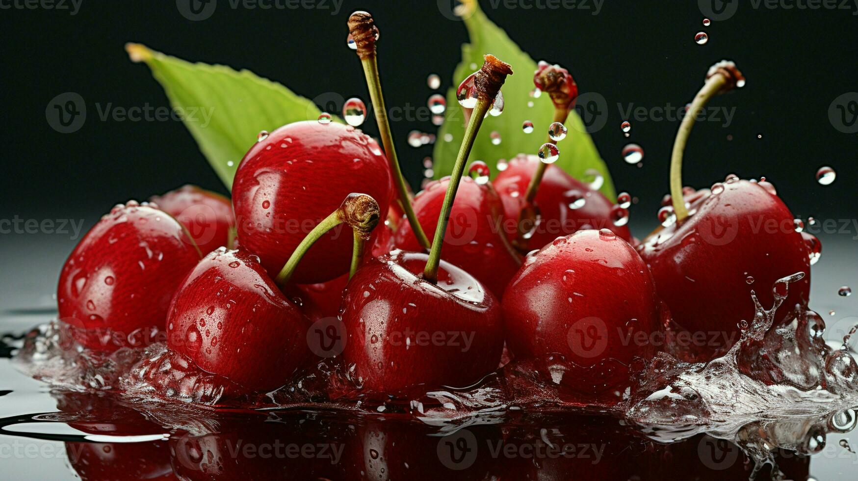 ai généré Frais mûr Cerise avec éclaboussure effet, juteux et savoureux fruit, en bonne santé nourriture photo