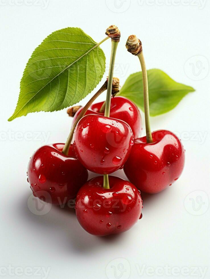 ai généré Frais mûr Cerise sur blanc arrière-plan, juteux et savoureux fruit, en bonne santé nourriture photo