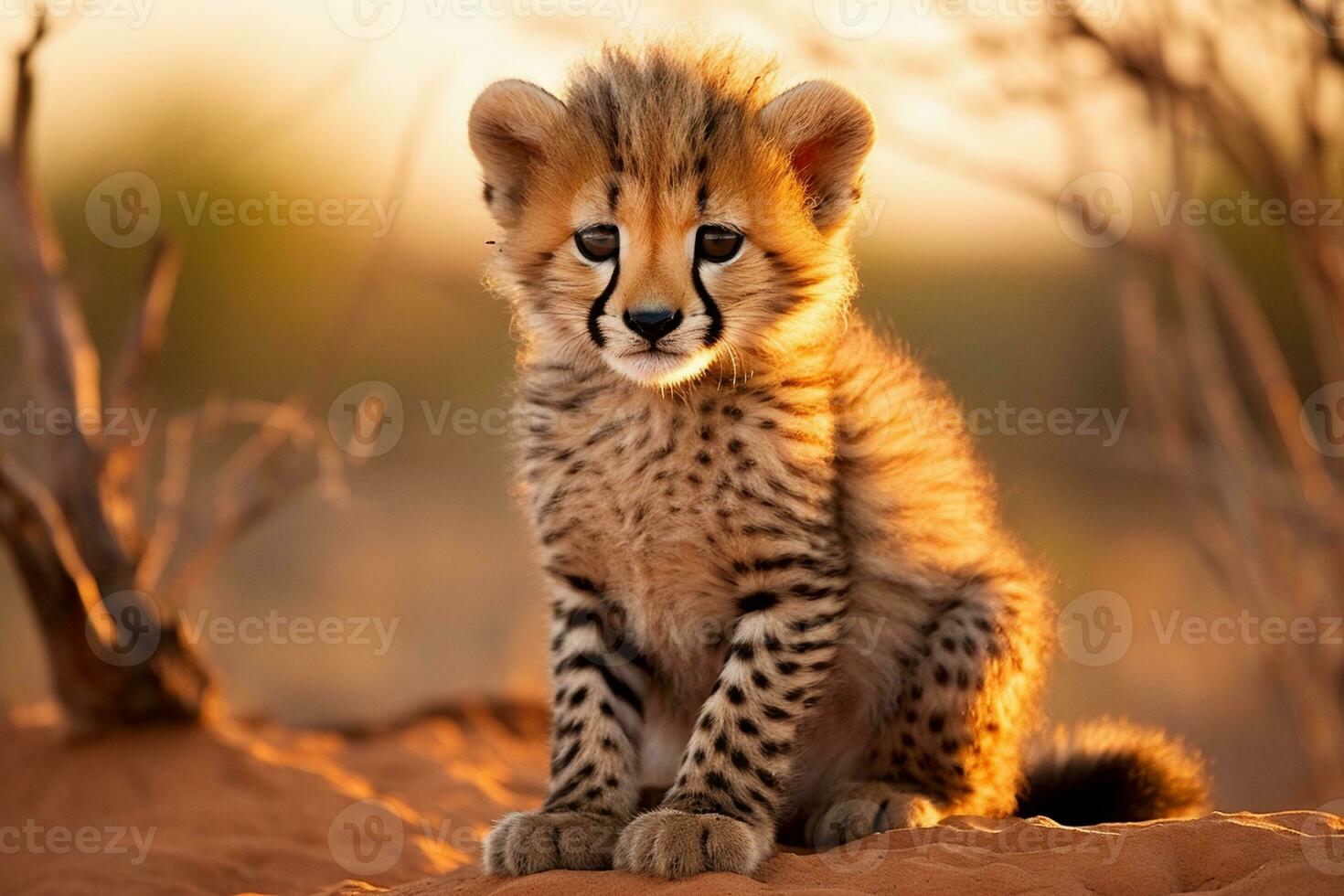 ai généré portrait de une bébé guépard avec gros yeux photo