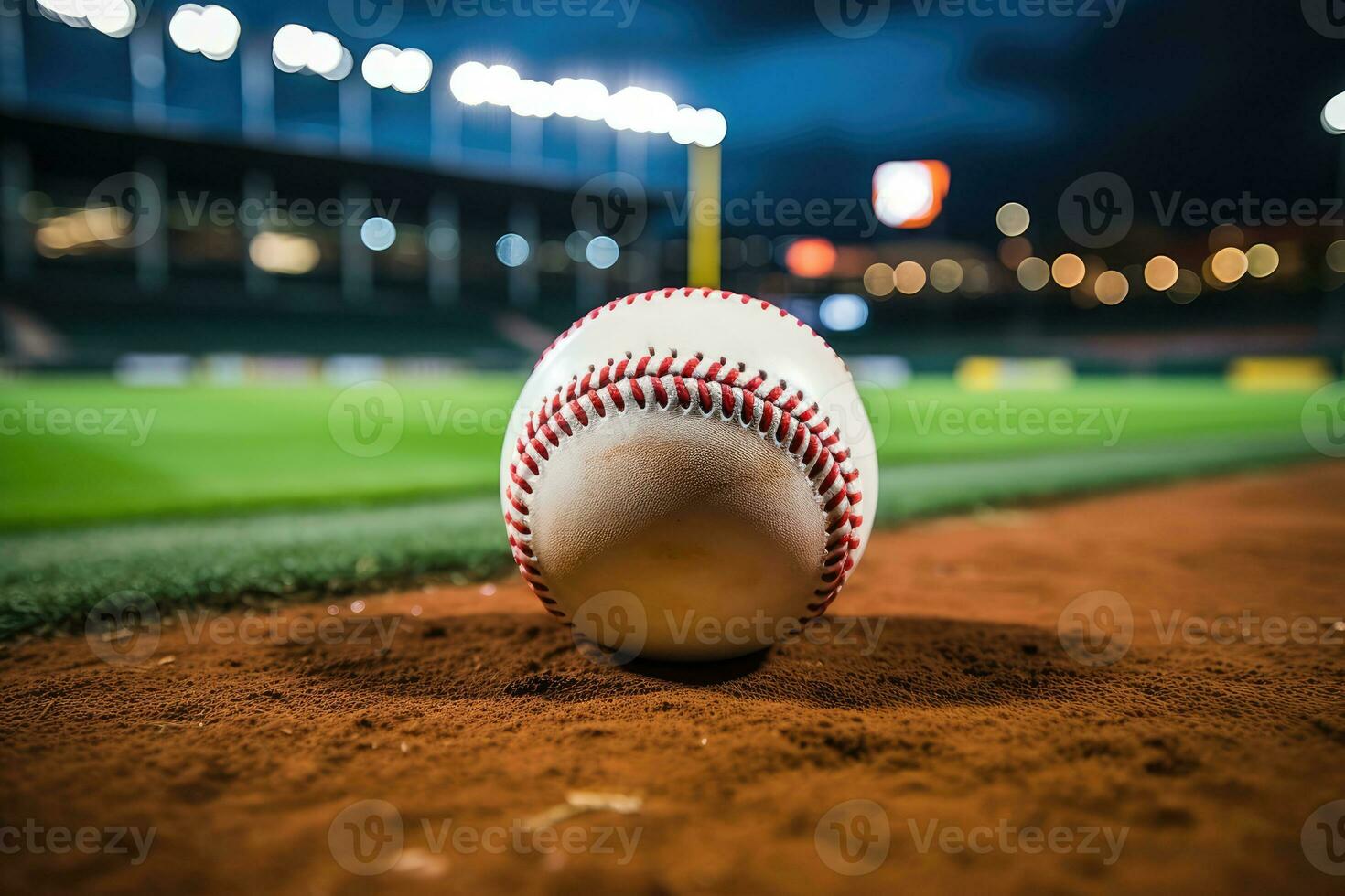 ai généré sport stade avec base-ball Balle à nuit toile de fond pour Contexte publicité photo