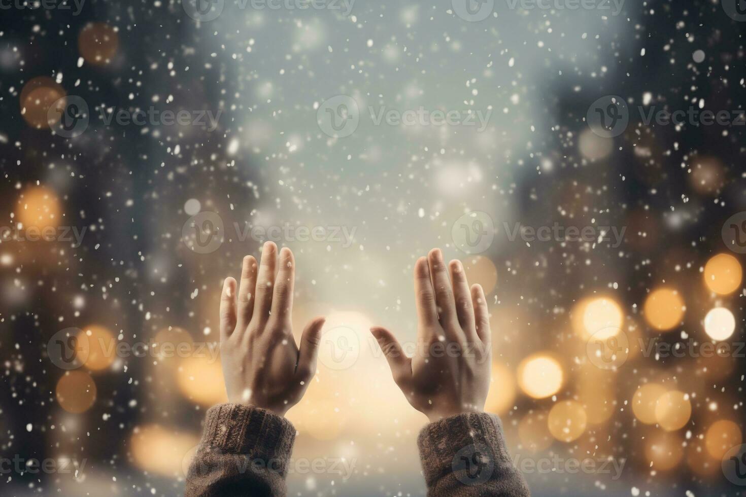 ai généré mains de une Jeune femme dans une chaud chandail sur le Contexte de une hiver ville. photo
