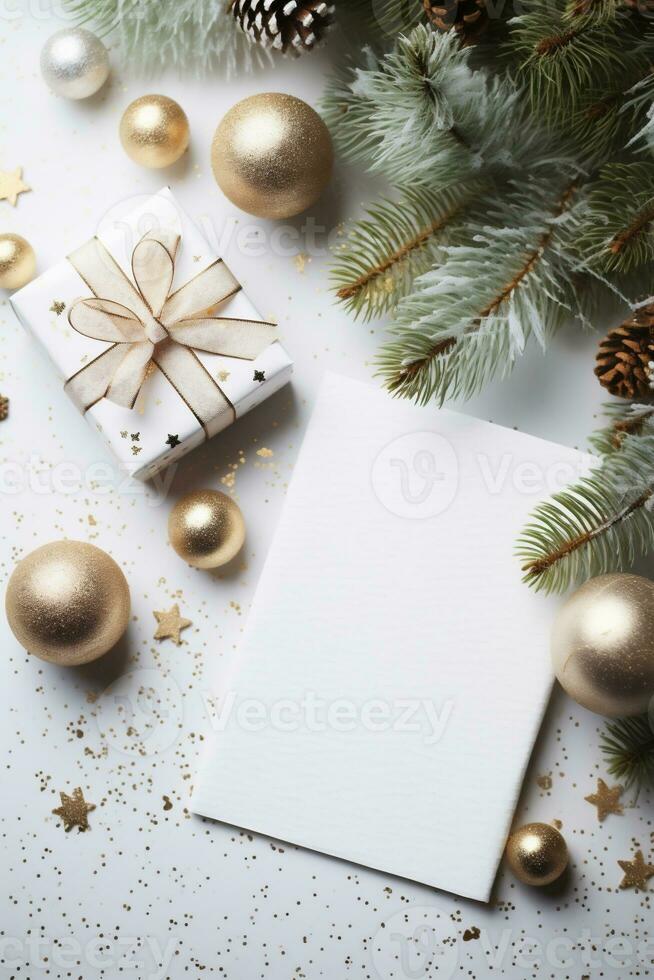 ai généré Noël salutation carte maquette avec d'or babioles et sapin arbre branches sur blanc Contexte photo