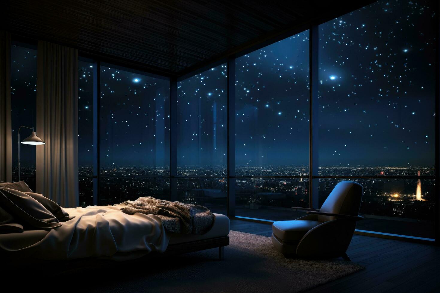 ai généré double lit dans moderne chambre avec nuit ville voir. nuit la vie concept, une pièce dans un appartement pouvez voir le ciel plein de étoiles, ai généré photo