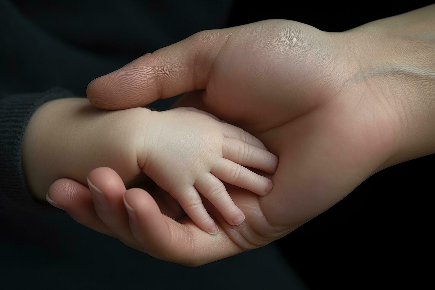 ai généré mère en portant sa bébé main, fermer tir, isolé sur noir, une nouveau née bébé et mère en portant mains sur une blanc arrière-plan, mains proche en haut, non main déformation, ai généré photo