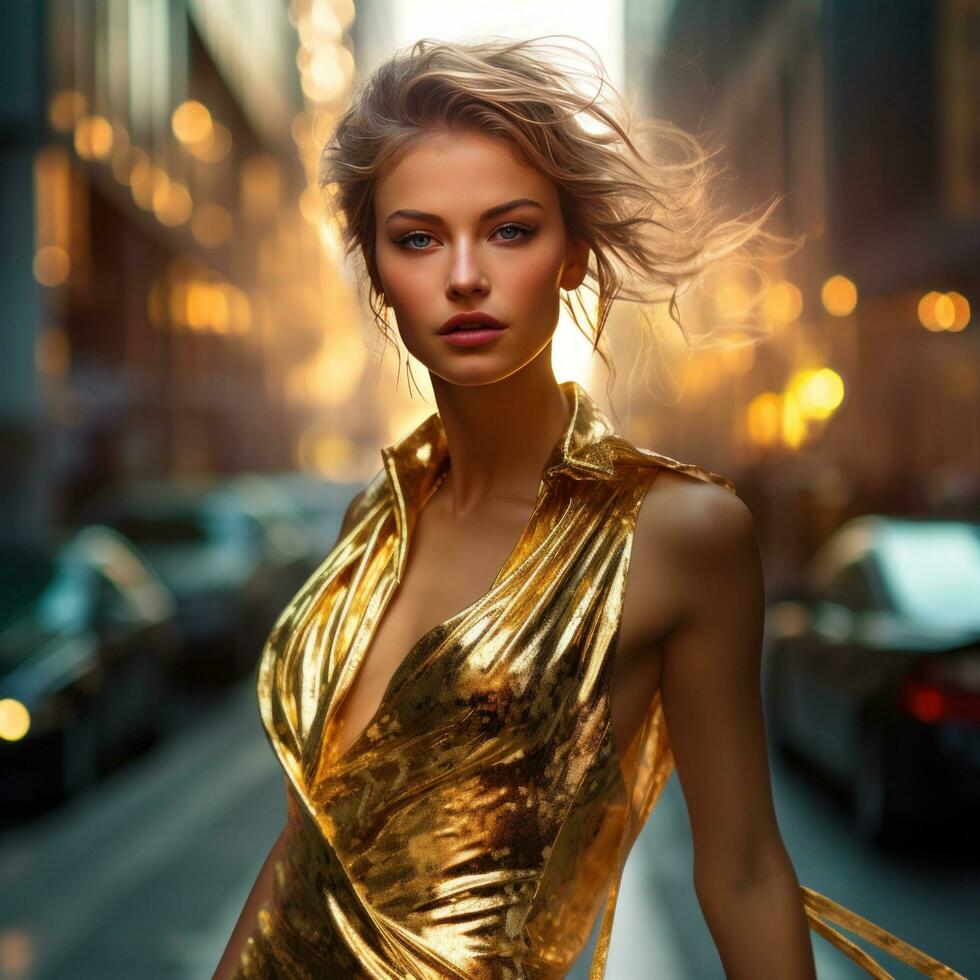 ai généré fille dans d'or robe dans le des rues de ville, photo