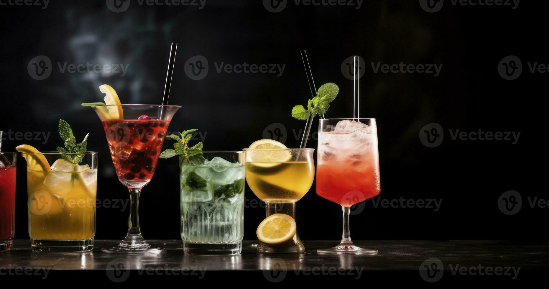 ai généré une diverse tableau de classique des cocktails présenté sur une sophistiqué foncé toile de fond photo