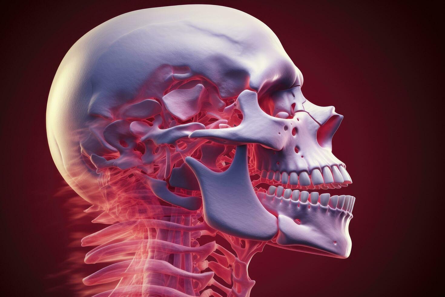 ai généré Humain squelette anatomie avec Souligné crâne, 3d rendre, médical illustration, 3d médical illustration de une homme crâne et cervical colonne vertébrale, mâchoire douleur, ai généré photo