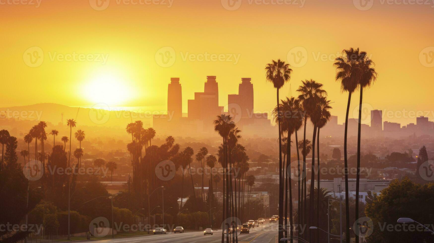 ai généré centre ville à le coucher du soleil avec paume tress dans le premier plan photo