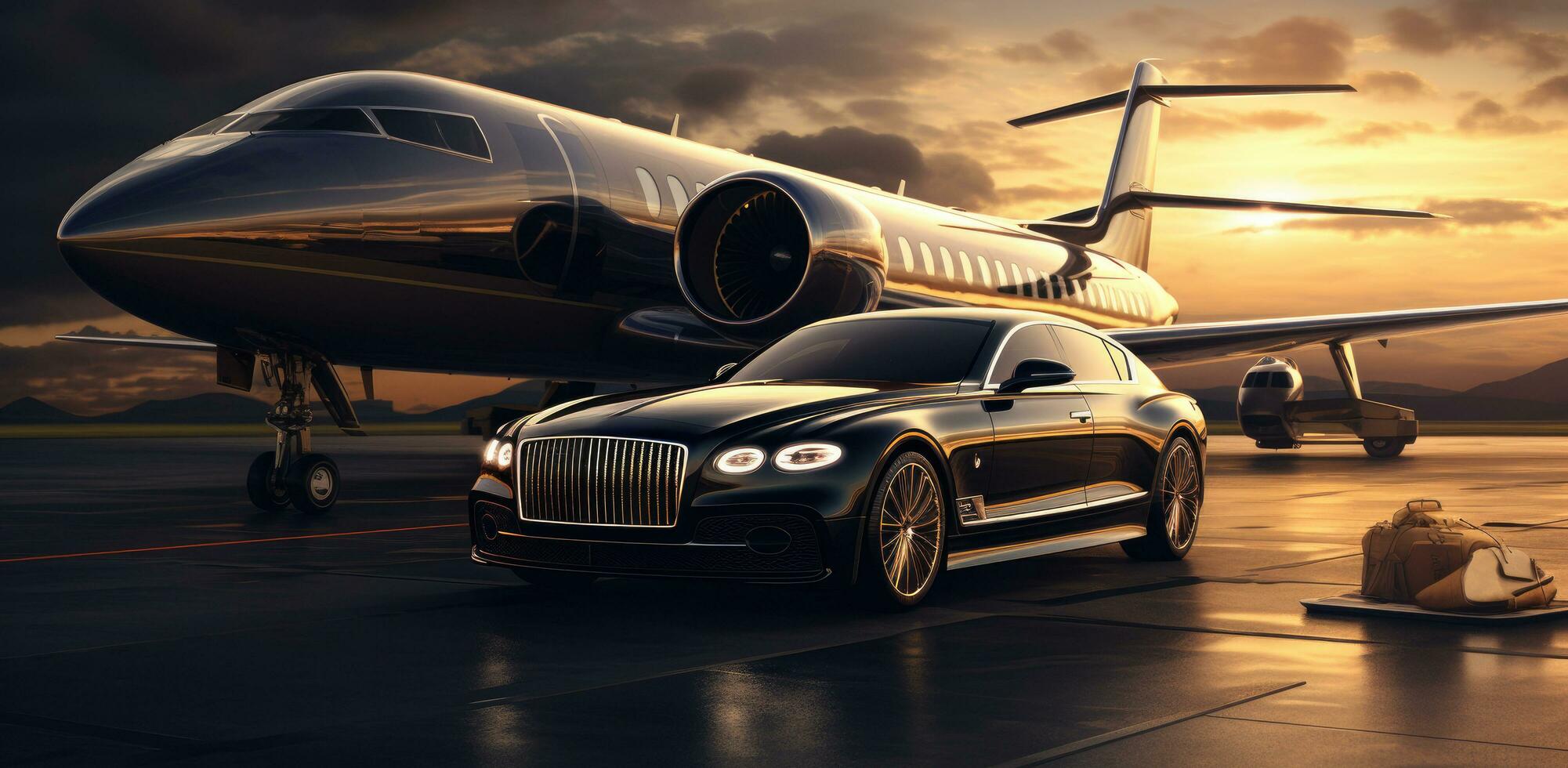 ai généré un avion garé dans de face de une luxe voiture, riches portrait, photo