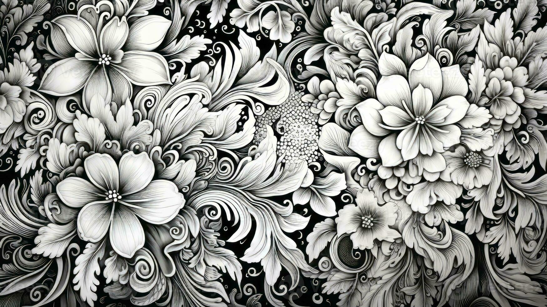 ai généré abstrait floral modèle dans noir et blanc couleurs. gothique esthétique photo