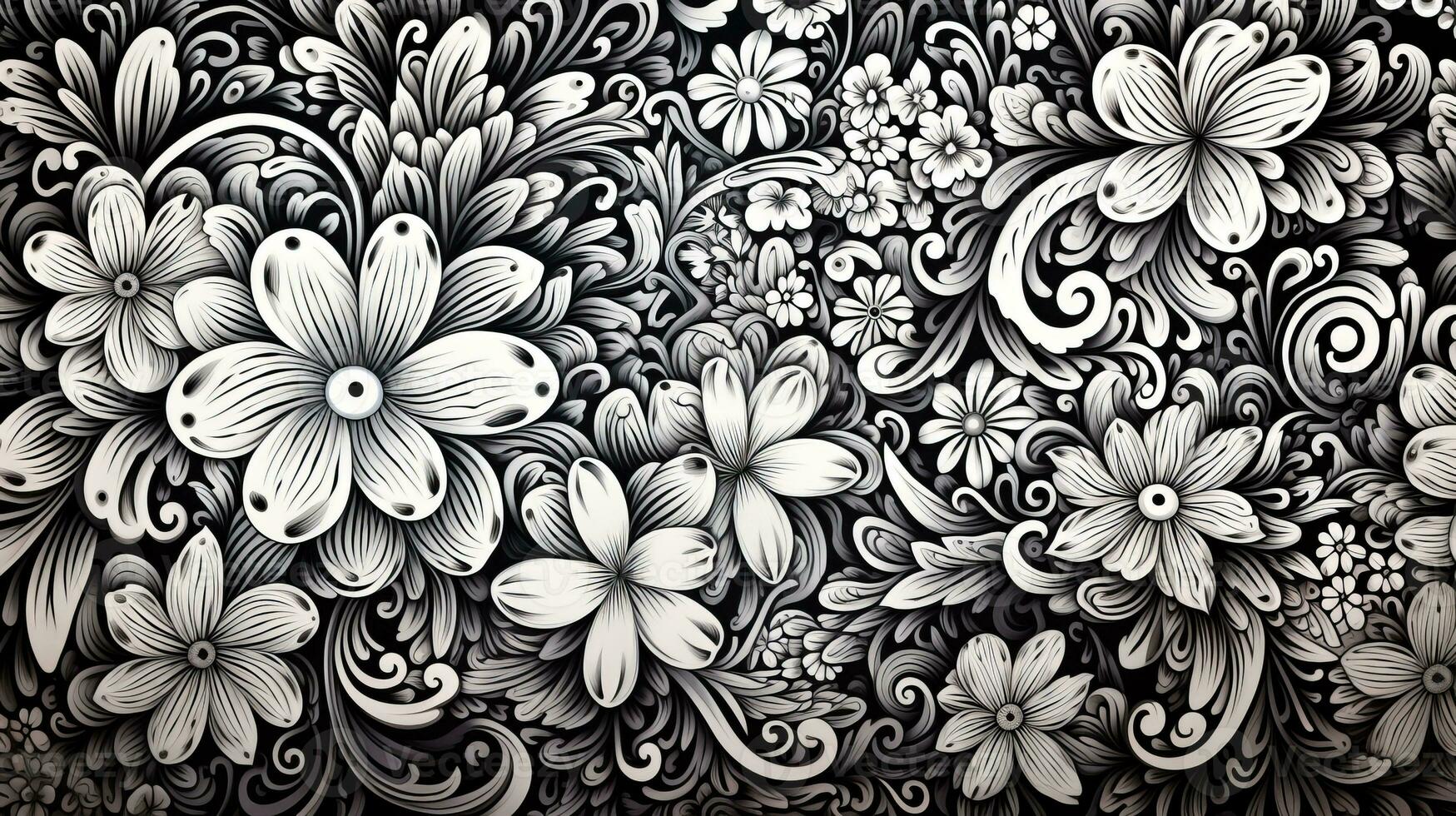 ai généré abstrait floral modèle dans noir et blanc couleurs. gothique esthétique photo